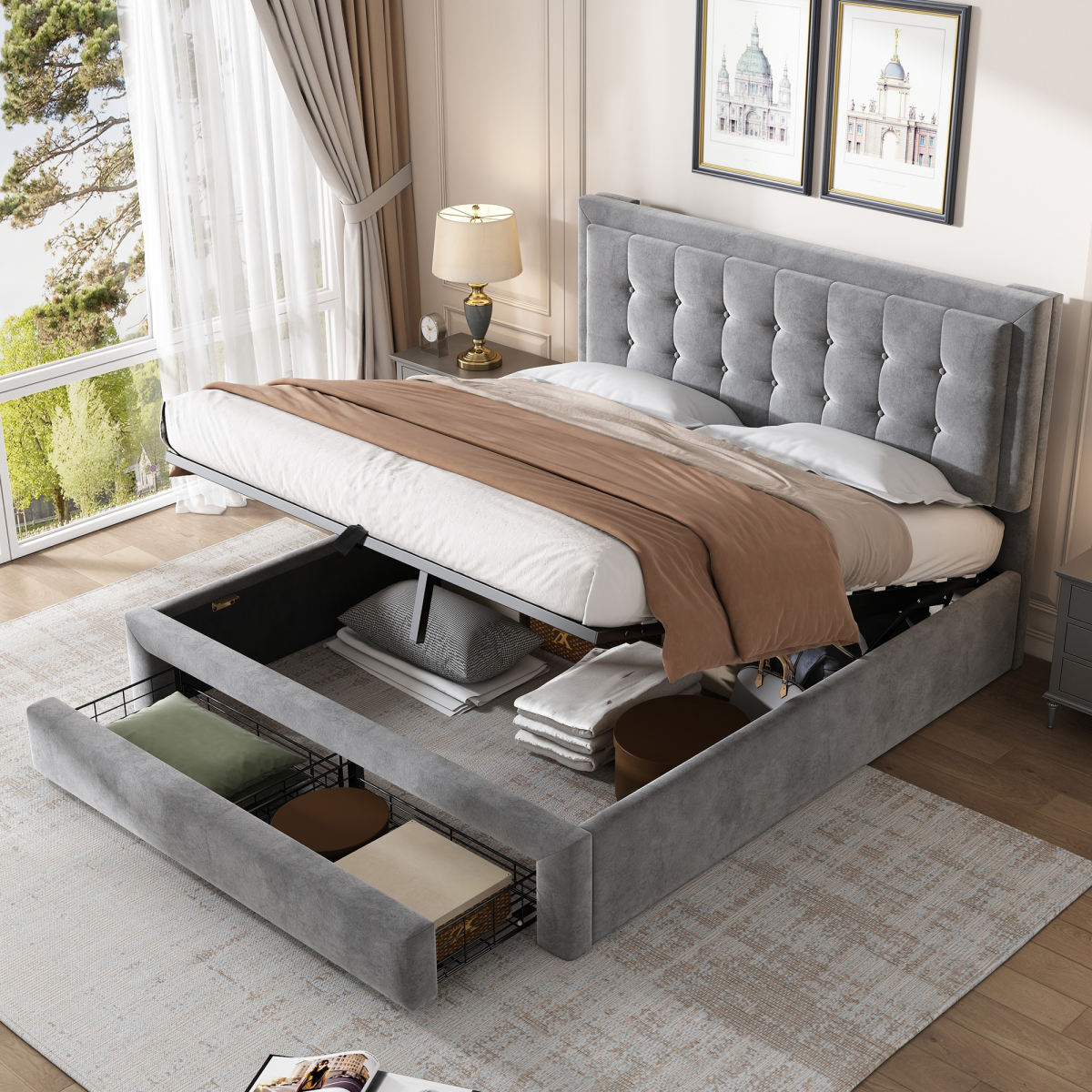 Upholstered Bed 140x190 With Slatted Base And Headboard, Storage Bed, Hydraulic Upholstered Bed, Double Bed, With 2 Drawers, Wooden Slat Support, Velvet, Grey