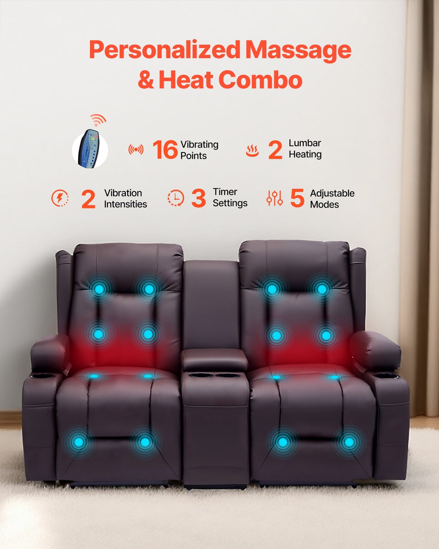 Loveseat Recliner Sofa, Power Reclining Couch With Heating & Massage And Timer, PU Leather Electric Recliner Sofa With Center Console, USB Ports, Cup Holders And Side Bags For Living Room