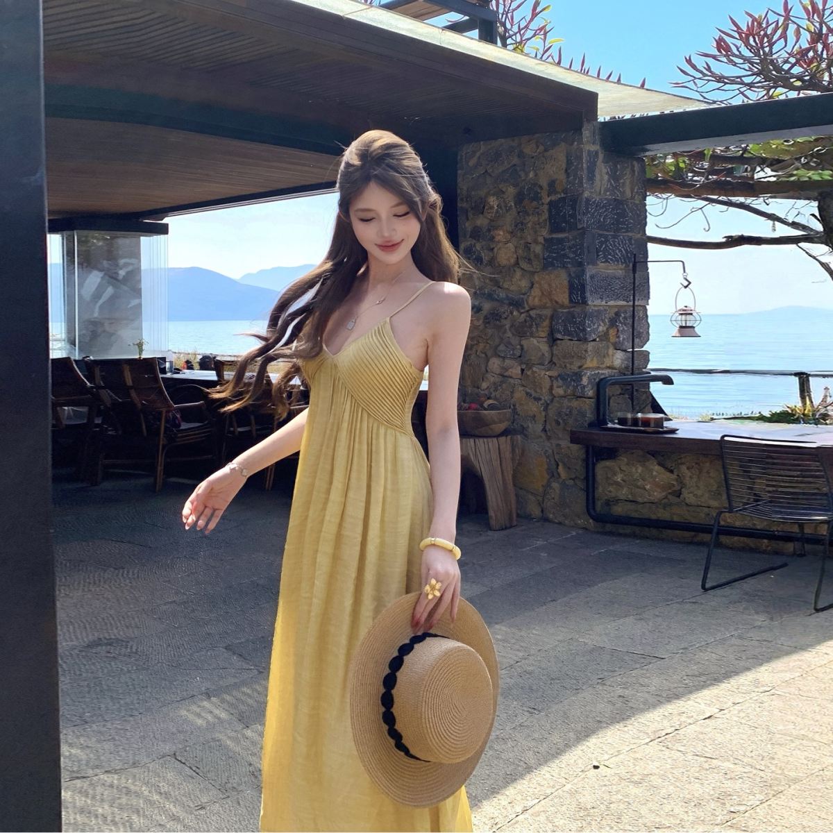 Stunning Yellow V-neck Tea-length Strap Dress For Summer