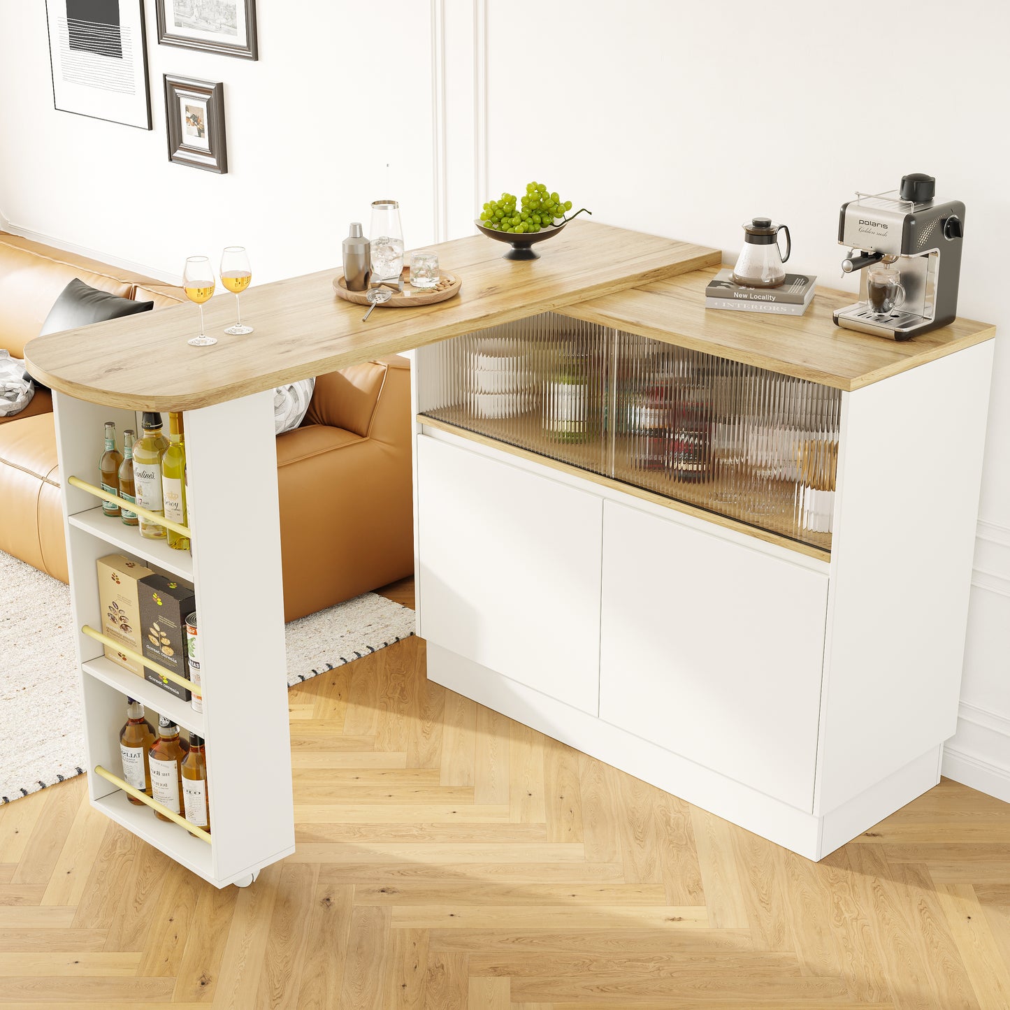 N620P20771617W 360 Rotatable Edible Bar  Main Body 90 X 45 X 100 Cm , Modern, Simple, Multifunctional, Swivel Sideboard With Shelves And Glass, Suitable For Kitchens And Restaurants
