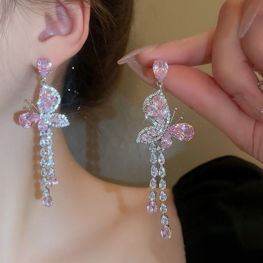 Silver Needle Cubic Zirconia Tassel Stud Earrings Female Light Luxury Fringe Dangle Fashion Jewelry