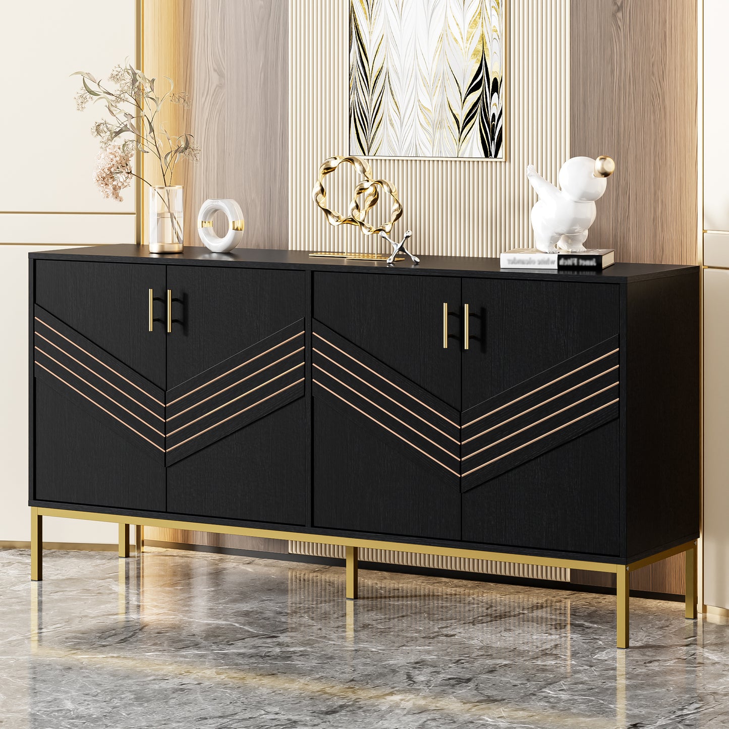 Modern Sideboard With 4 Doors  Stylish Design In Black And Gold, MDF Body With Metal Legs, Large Capacity, Height-adjustable Shelves  For Living Room, Dining Room & Hallway