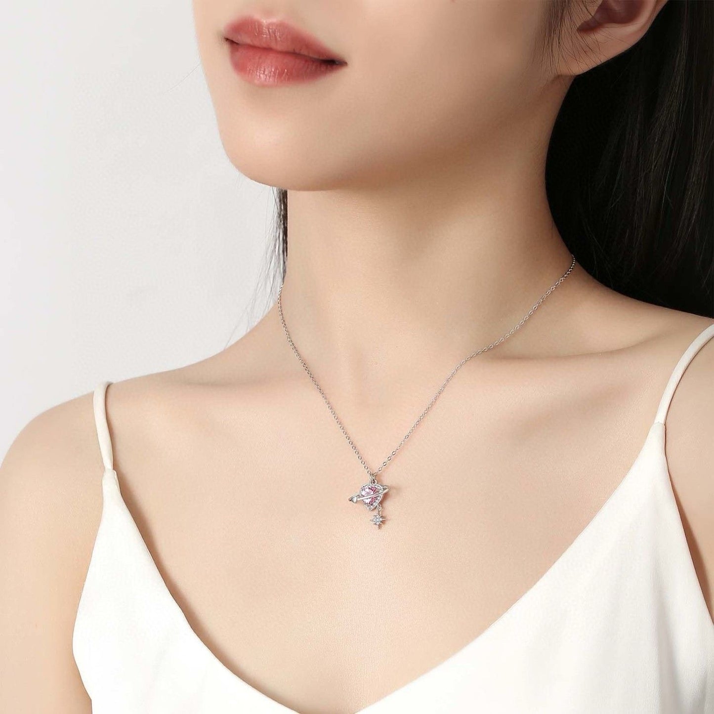1pcs 990 Sterling Silver Starburst Pink Heart Necklace, Elegant Trendy Style, Ideal For Valentine's Gifts