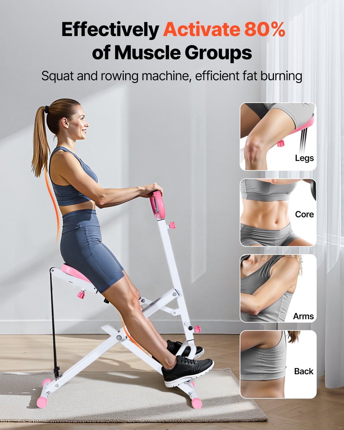 Squat Machine, Deep Squat Rowing Machine For Home, Easy Setup & Foldable Exercise Equipment, Glute Trainer Machine With 3 High-Strength Resistance Bands, Glutes & Leg Home Workout Machine, White