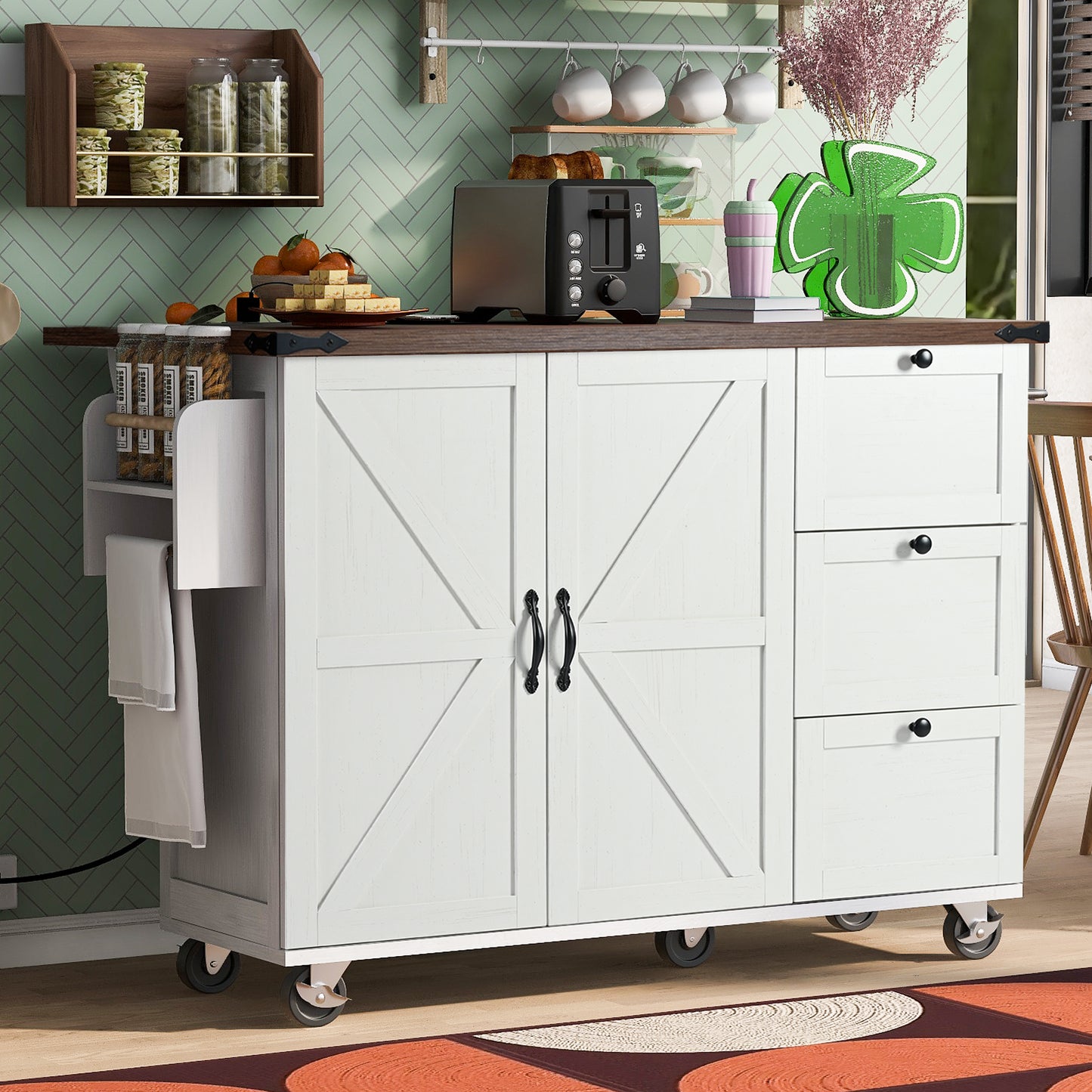 54.5 Farmhouse Kitchen Island With Power Outlet,Kitchen Storage Island With Internal Storage Rack,Drop Leaf,Spice Rack,Rolling Kitchen Cart On Wheels,for Home,Kitchen And Dining Room,White
