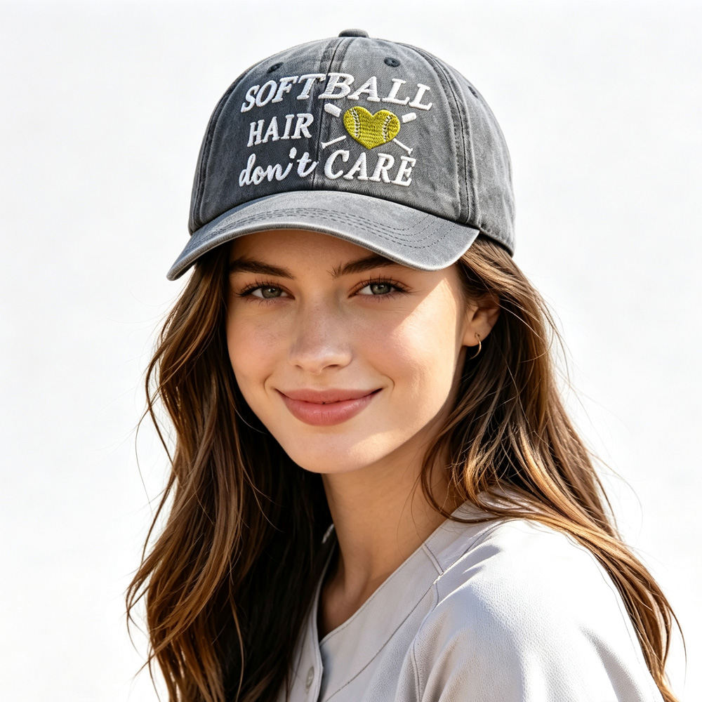 Softball Hair Don't Care Embroidered Washed Baseball Cap, Vintage Distressed Hat For Women Softball Lover