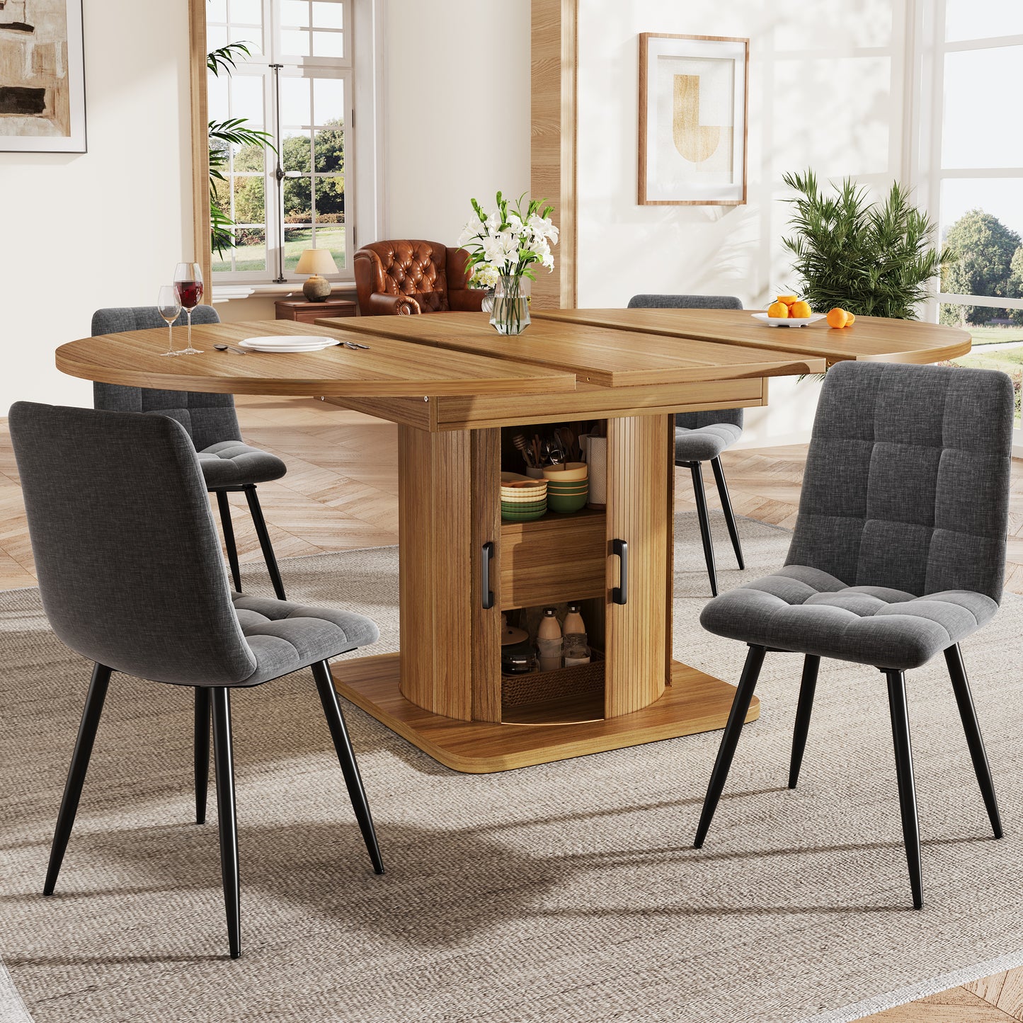 Extendable Dining Table, Dining Room Table, Kitchen Table, Round Dining Table, Extends To Oval, 118-158 Cm, Seats Up To 6 People, Dining Table With Drawers, Dark Brown