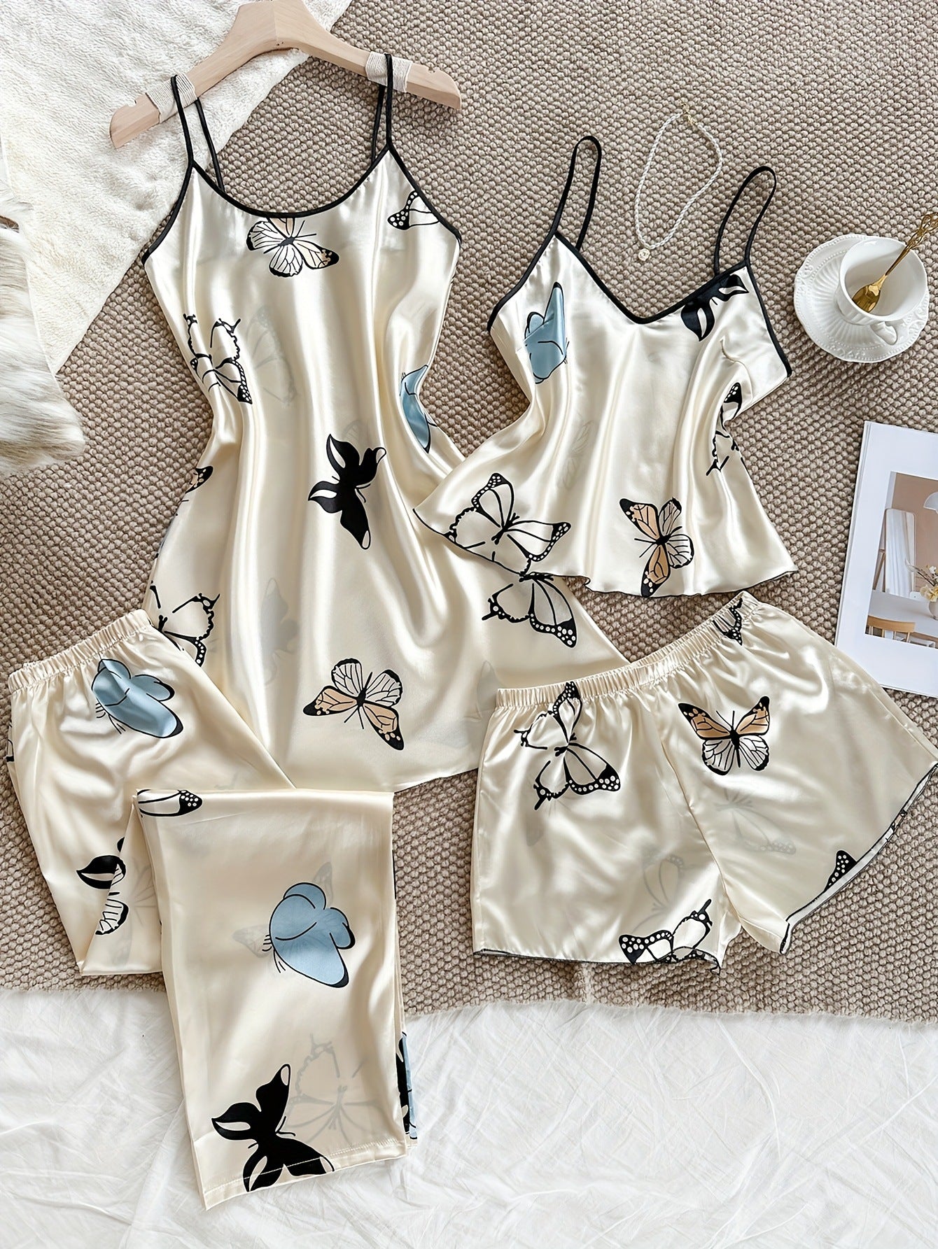 Butterfly-print Loungewear Set Four-piece Home Set Fashionable Casual Womens Pajamas