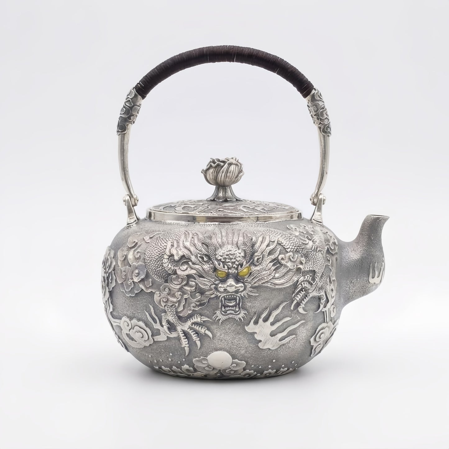 925 Sterling Silver Handcrafted Silver Tea Kettle with Exquisite Imperial Dragon Relief and Lotus Lid - Handicraft