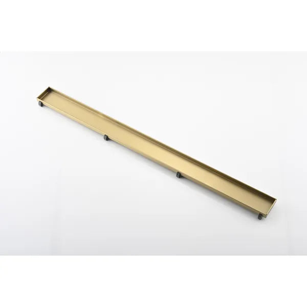 36 Inch Linear Shower Drain With 2-in-1 Flat & Tile Insert Removable Cover, 304 Stainless Steel With Hair Strainer And Leveling Feet, Brushed Gold