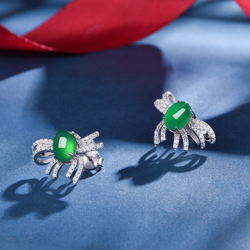 S925 Sterling Silver Bowknot Earrings, 8x6mm Oval Cabochon Green Chrysoprase, Platinum Plated 3.9g Stud Earrings For Women With Fashion Gift Box