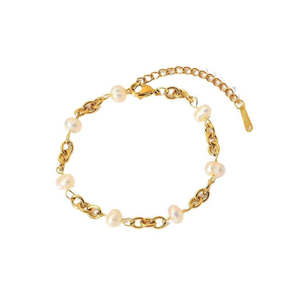K Gold Stainless Steel Bracelet 6  Water Pearl Chain
