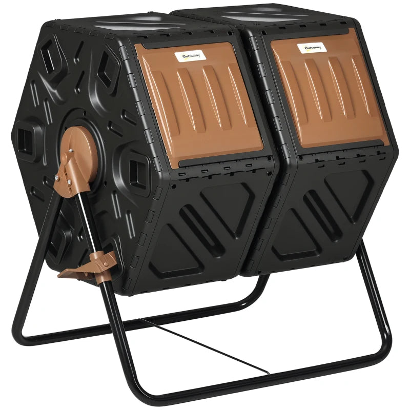 Dual Chamber Compost Tumbler Bin, Outdoor Tumbling Composter With 24 Ventilation Openings And Steel Legs, 34.5 Gallon