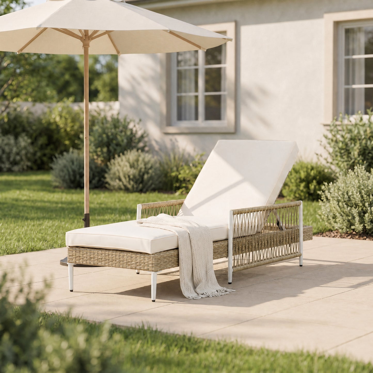 TOPMAX Outdoor All-Weather PE Rattan Chaise Lounge, Minimalist Patio Wicker Lounge Chair With 6 Gear Adjustable Recliner, Arms And Cushion For Poolside, Deck, Set Of 2, Beige