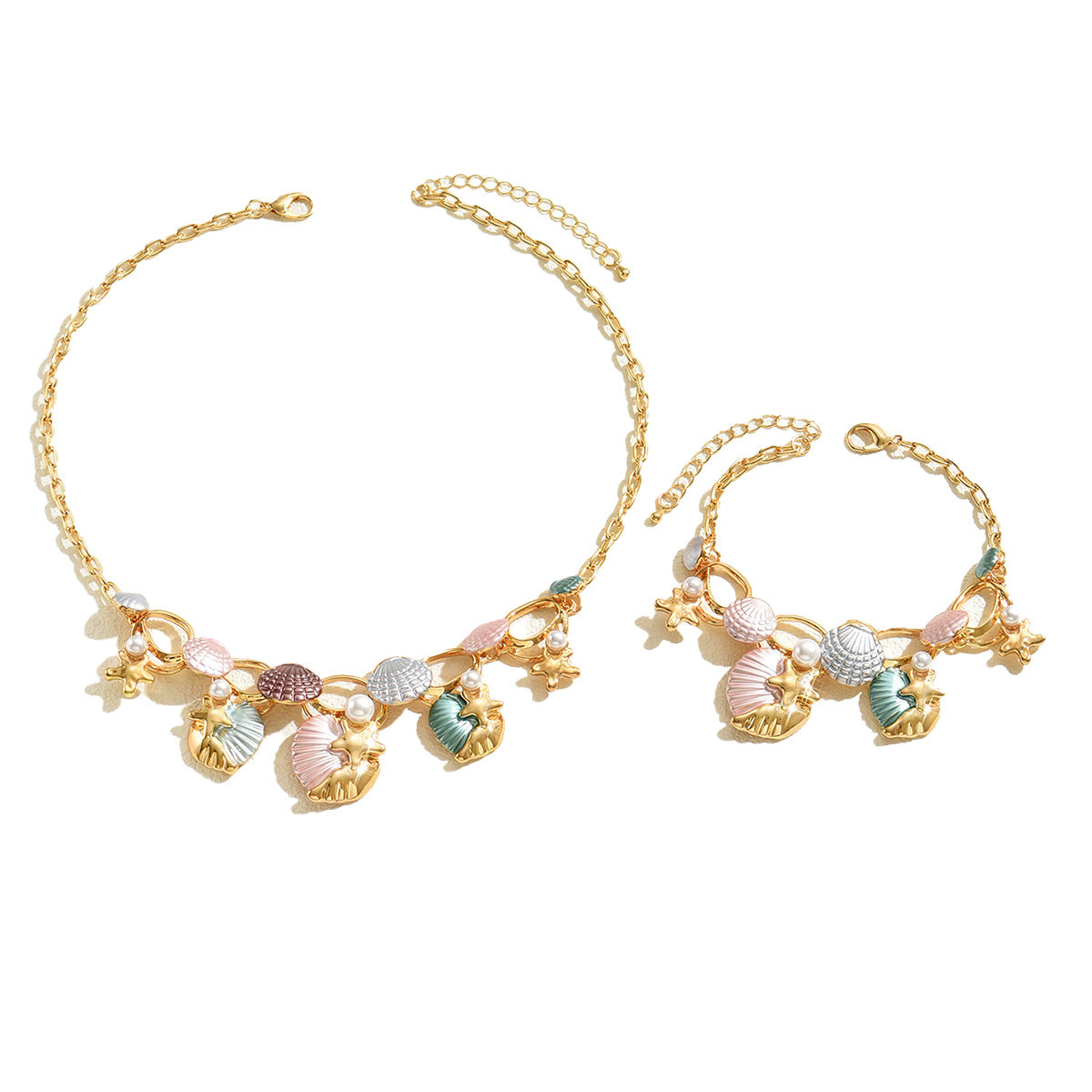 European American Cross-border Ocean Style Women Jewelry Set, Geometric Starfish & Shell Necklace Bracelet Inlaid Faux Pearl, Versatile Daily Neck Wrist Accessories