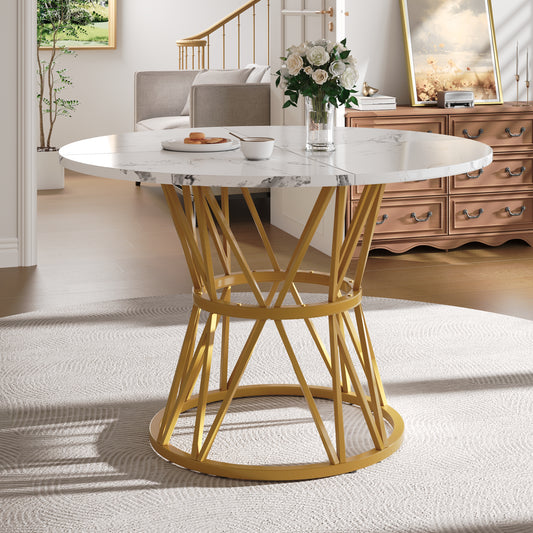 Round Dining Table  100x100x76cm , Kitchen Dining Table, Round Coffee Table For 4 People, Suitable For Dining Room, Living Room, Stylish Metal Table Legs, MDF Marble Table Top, Gold