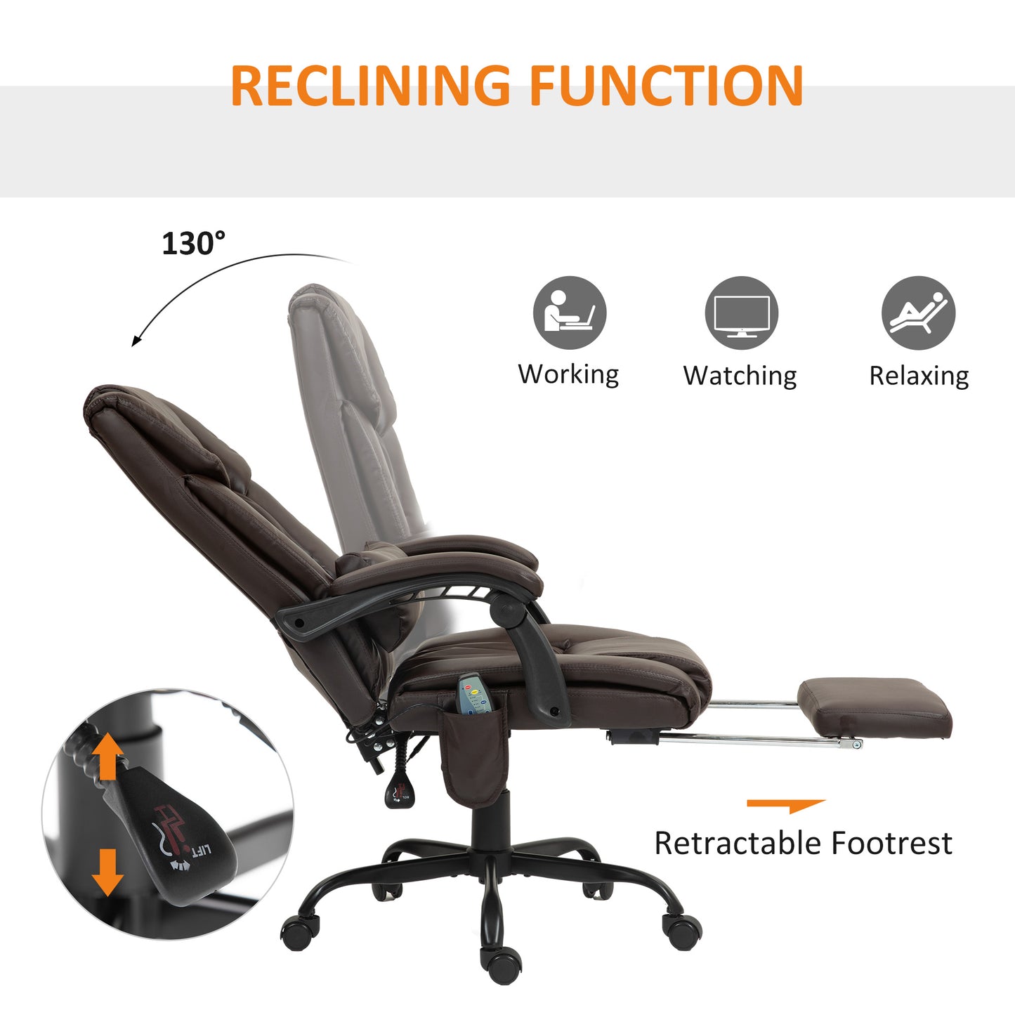 Massage Office Chair With 6 Vibrating Points, High Back Reclining Office Chair With Footrest And Remote, Brown
