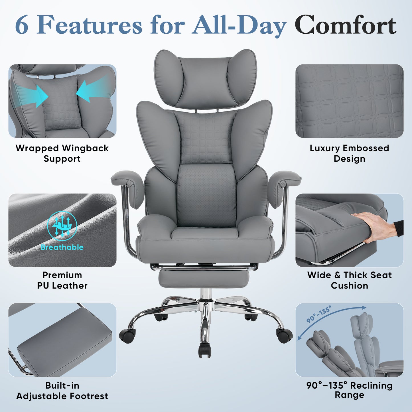 Large-sized High-back Office Chair - 350 Pounds, Anti-scratch PU Leather Executive Office Desk Chair, With Footrest, Reclining Computer Chair
