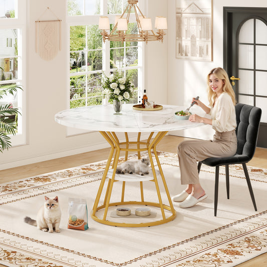 Round Dining Table  1 Piece Kitchen Table Breakfast Table Metal Legs Marble Pattern Gold Black