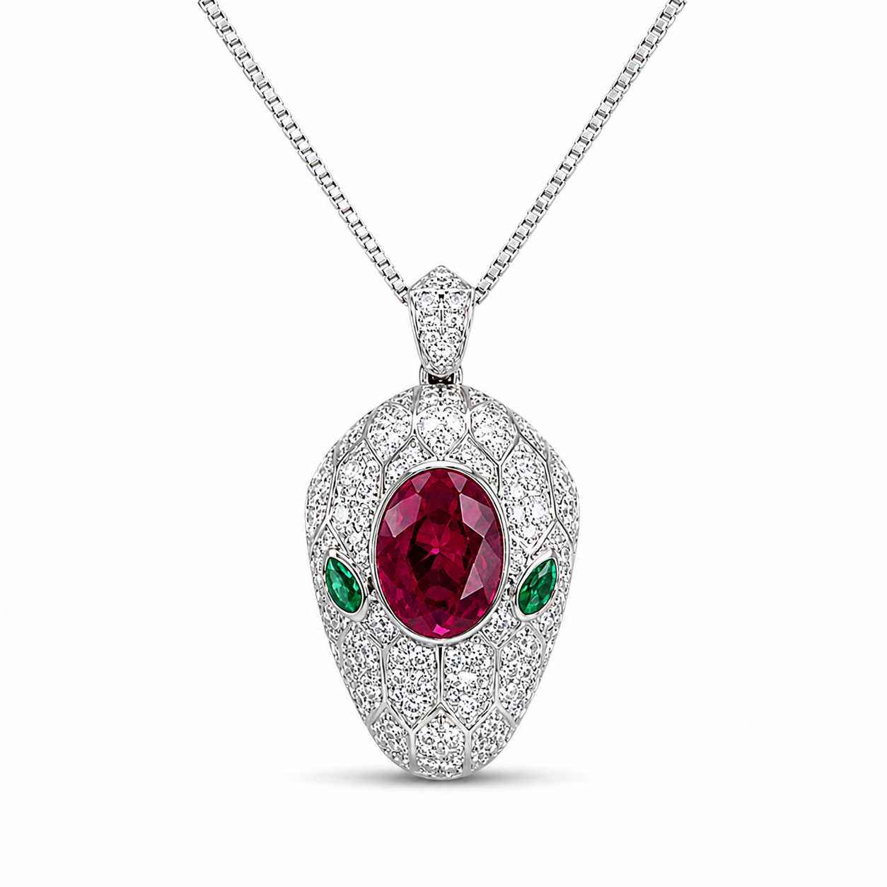 Luxury Animal Snake Head Necklace, White Gold Plated Ruby Emerald CZ Pendant For Party Gift