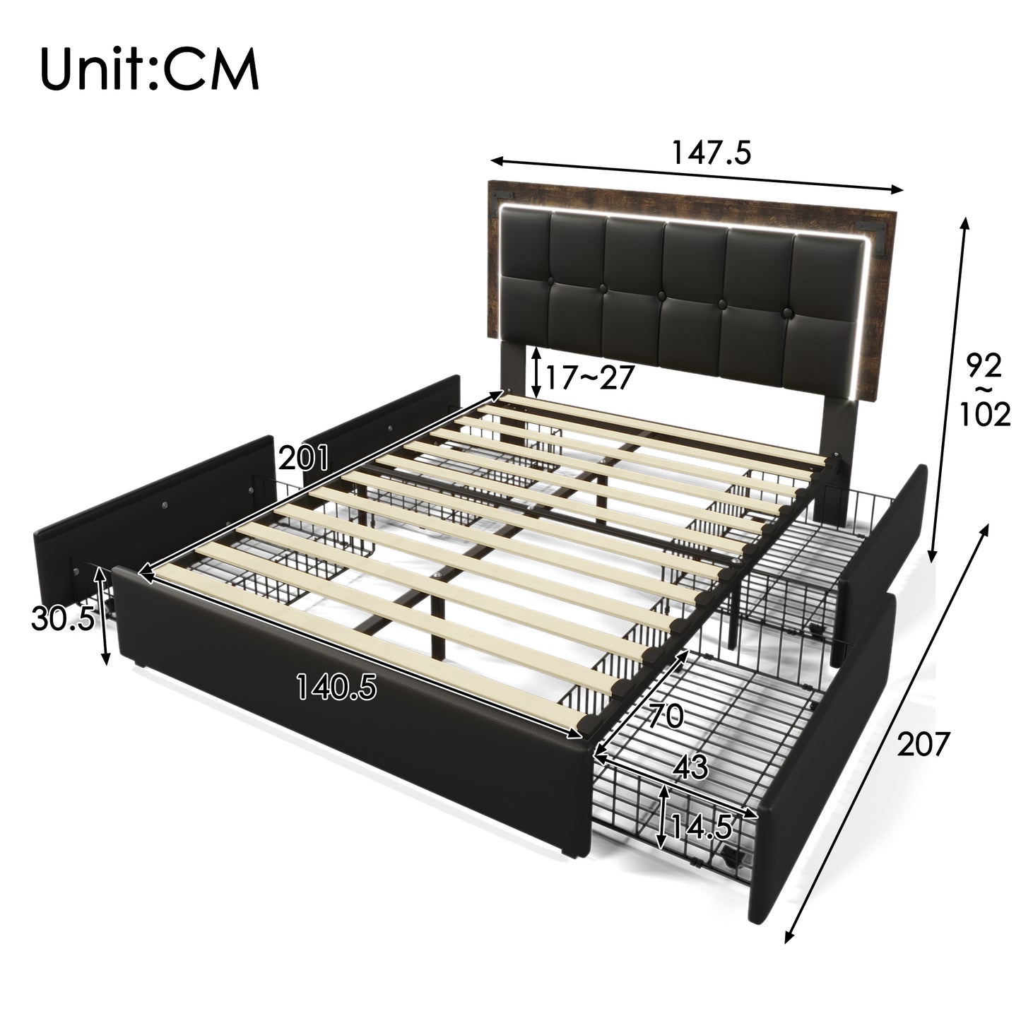 Bed Frame With LED Lighting Strip And 4 Drawers, Double Bed Upholstered Bed 140x200cm, Height-adjustable Headboard, Functional Bed, PU Black  Without Mattress