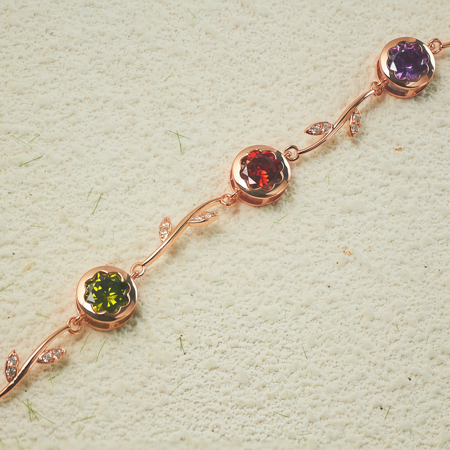 Rose Gold Branch Leaf Multicolor CZ Link Bracelet For Women, Copper Plated Silver Adjustable Extension Chain Floral Gem Wedding Daily Jewelry Gift