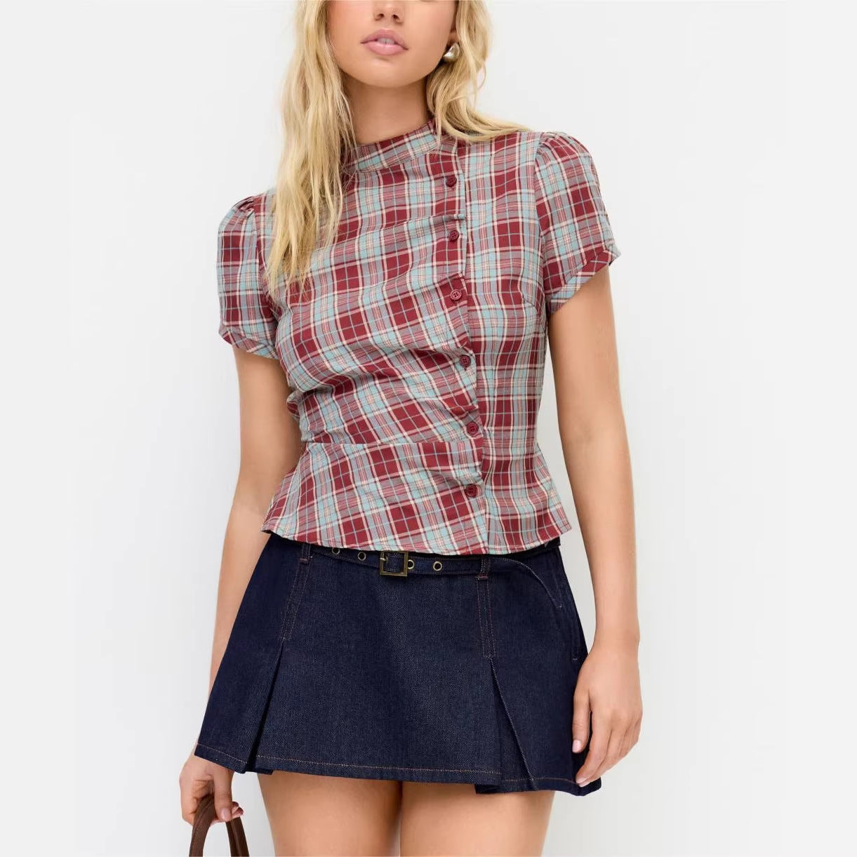 Korean-style Retro Color-block Plaid Stand-collar Short-sleeve Shirt