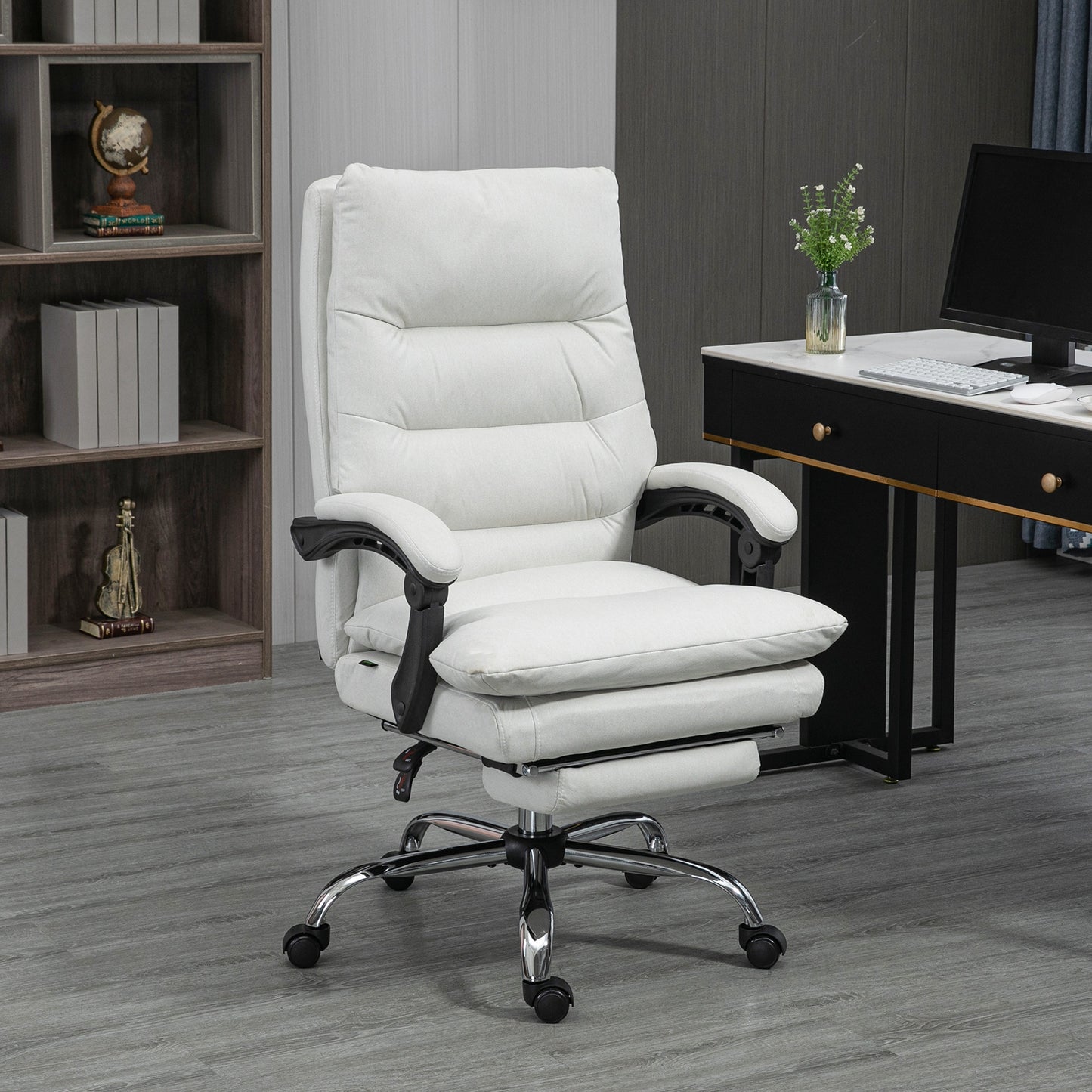 Microfibre Executive Massage Office Chair, Computer Desk Chair, Reclining Chair with Footrest, Double-tier Padding, Swivel Wheels, Cream White