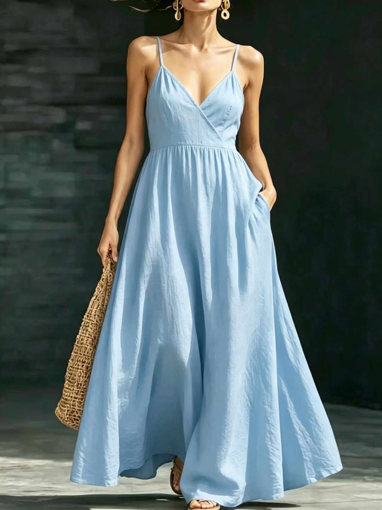 Summer V-Neck Spaghetti Strap Maxi Dress With Pockets - Elegant Vacation & Office Wear For Women