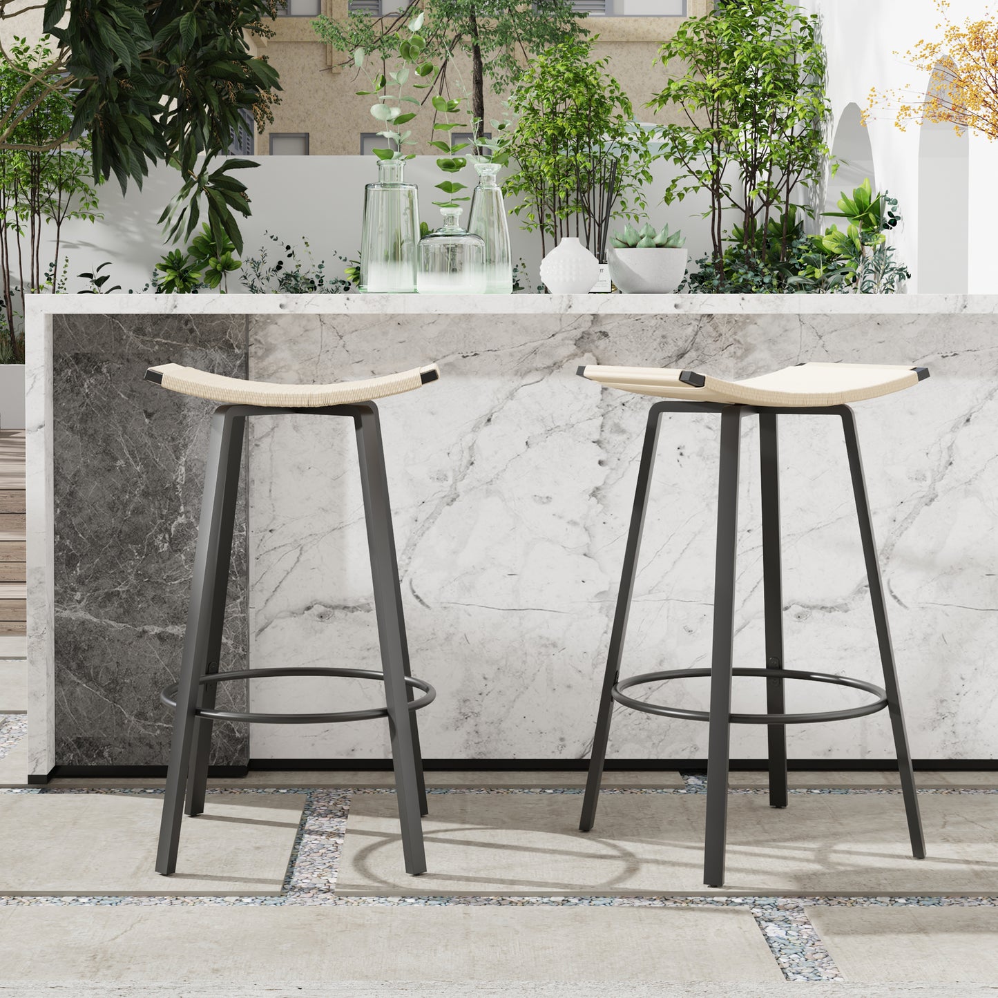 Counter Height Bar Stools Backless Handwoven Kitchen Dining Chairs With Round Footrest Set Of 2 PVC Weaving Pub Stool For Indoor & Outdoor  Black & Creamy White