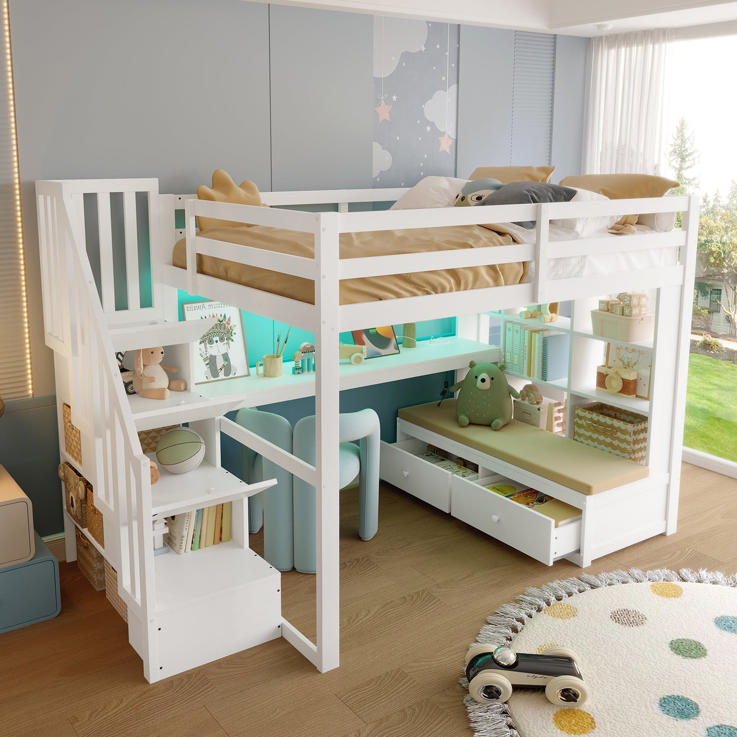 140x200 Loft Bed With Desk And Shelves, Two Integrated Drawers, Storage Staircase, White