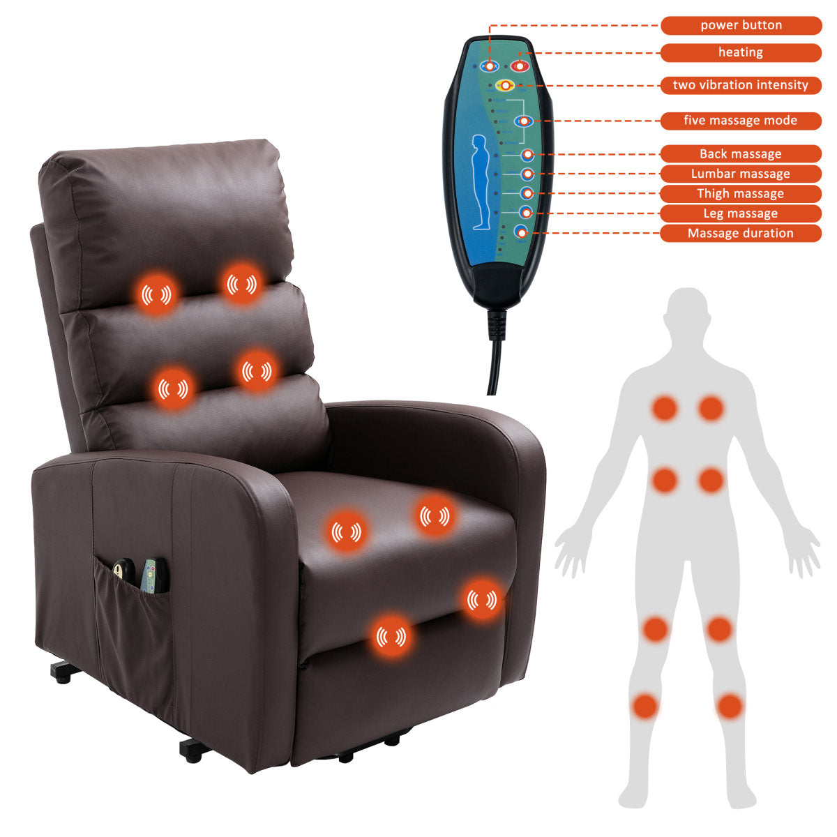 Power Massage Lift Recliner Chair With Heat & Vibration For Elderly, Heavy Duty And Safety Motion Reclining Mechanism, 2 Side Pockets , Remote Control, Faux