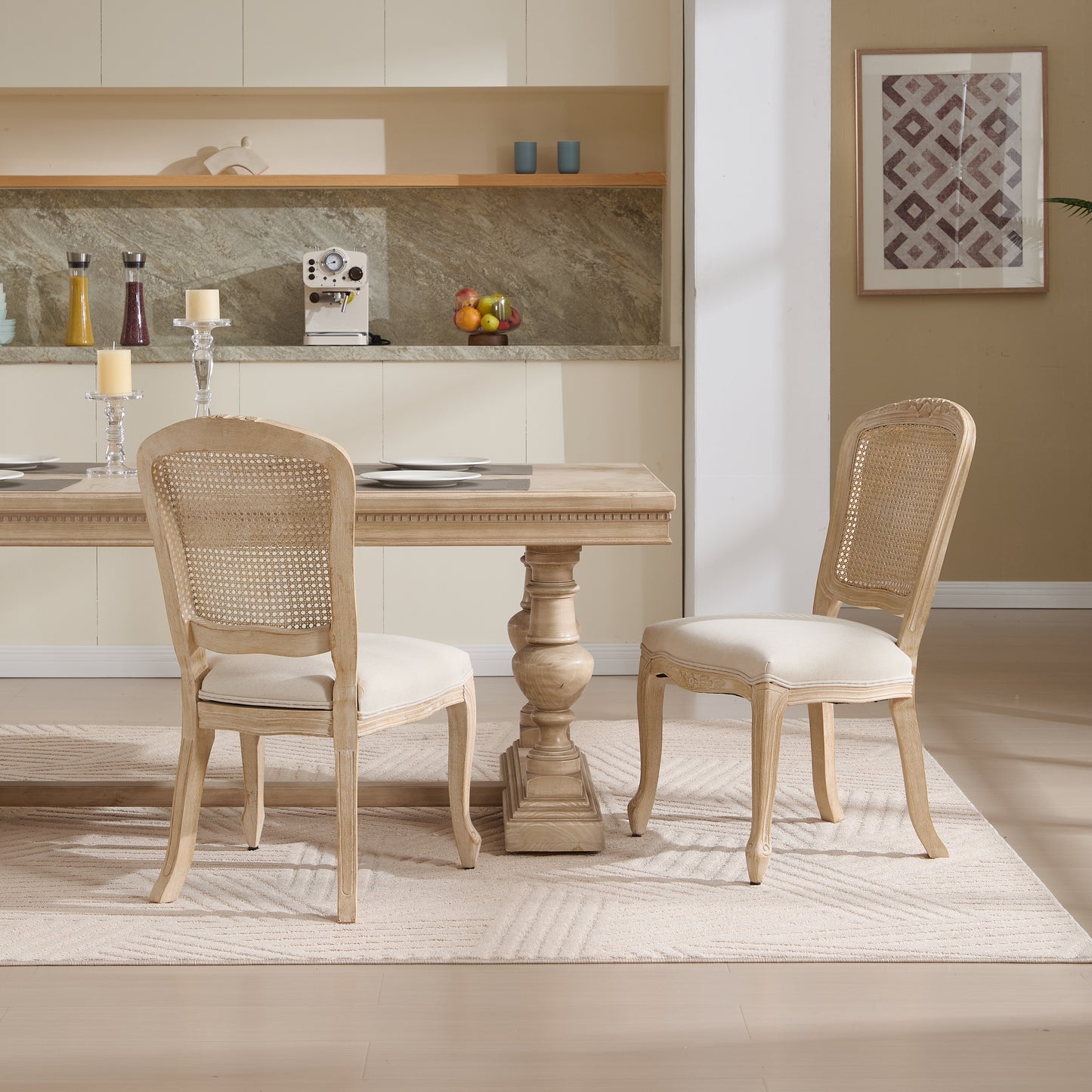 French Country Dining Chairs Set Of 2, Upholstered  Chairs With Nature Rattan Fan-shaped Back, Wire Drawing And Carving Techniques ,Disassemblable ,  For Living Room, Kitchen , Restaurant Use, Beige