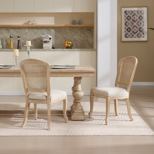 French Country Dining Chairs Set Of 2, Upholstered  Chairs With Nature Rattan Fan-shaped Back, Wire Drawing And Carving Techniques ,Disassemblable ,  For Living Room, Kitchen , Restaurant Use, Beige