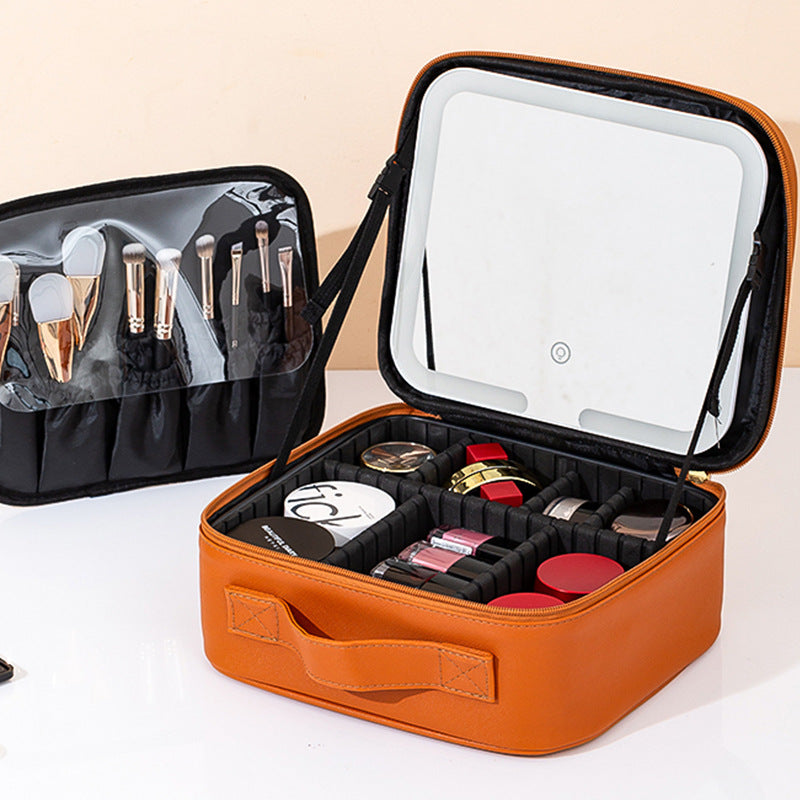 Makeup Bag With Mirror And Light Rechargeable PU Leather Travel Storage Box