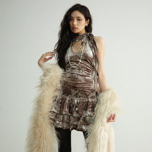 High-fashion Velvet Off-shoulder Lace-trimmed Mini Skirt