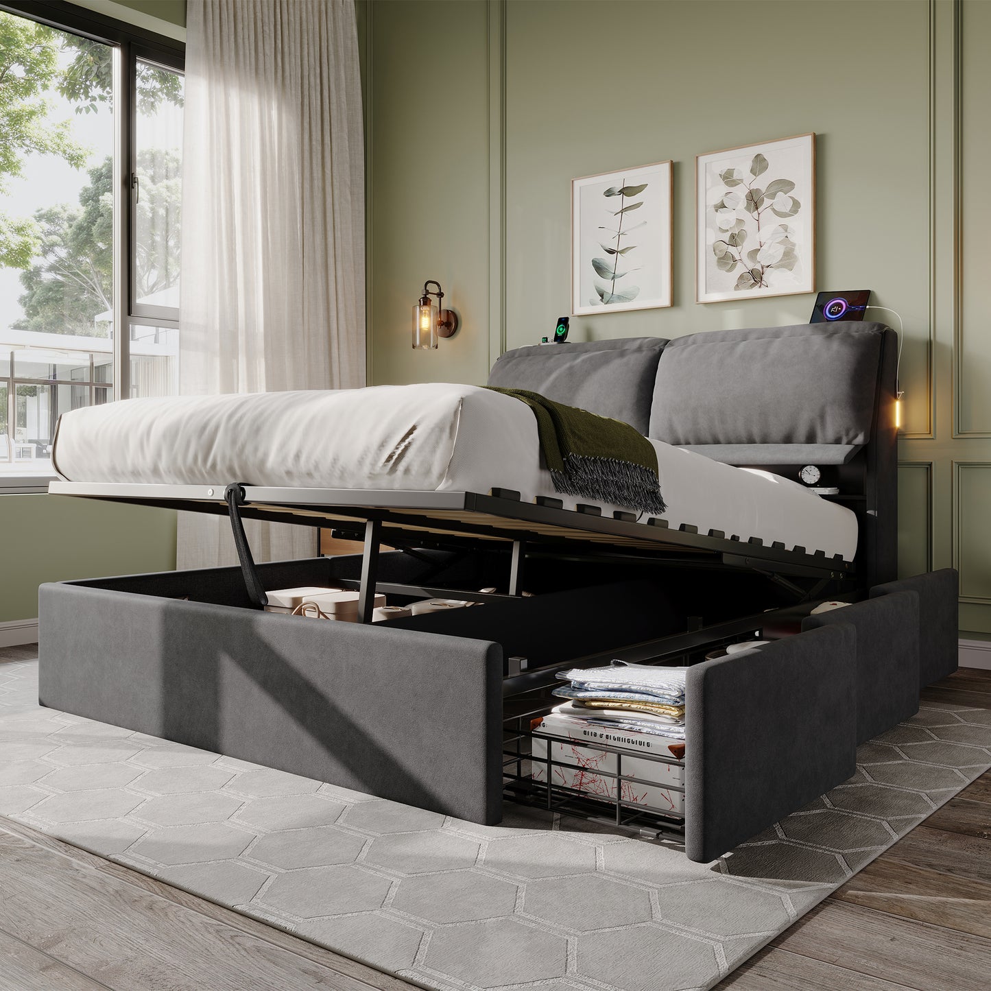 5ft King Bed With Hydraulic Storage, Velvet Upholstered Bed With Headboard Flip-top Storage And Drawers, Back Cushion Headboard With Charging Station And LED Night Light, Grey  No Mattress