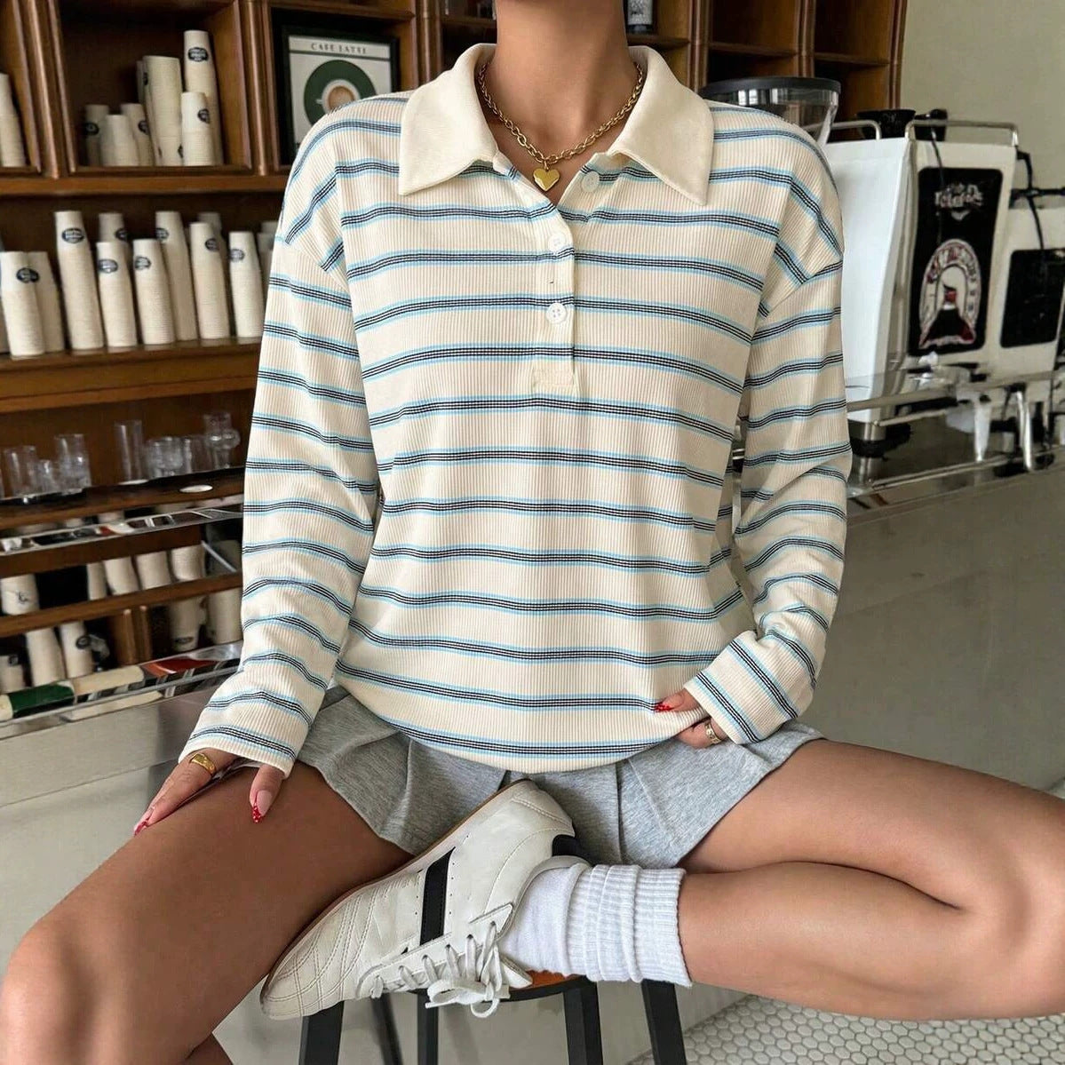 New FallWinter Womens Striped Casual Sweatshirt With Buttons And A Polo Neck