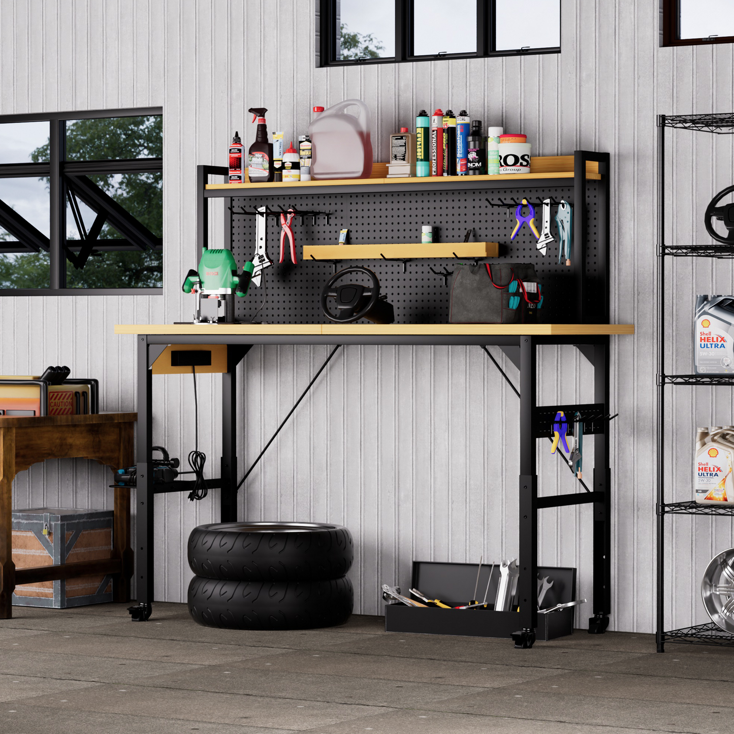 71 Adjustable Workbench With Pegboard, Heavy Duty Wooden Desktop Workbench With Wheels, 1600 Lb. Load Capacity, Rolling Workbench With AC USB Outlet, Hooks, Shelf, For Garage, Workshop, Office, Home.