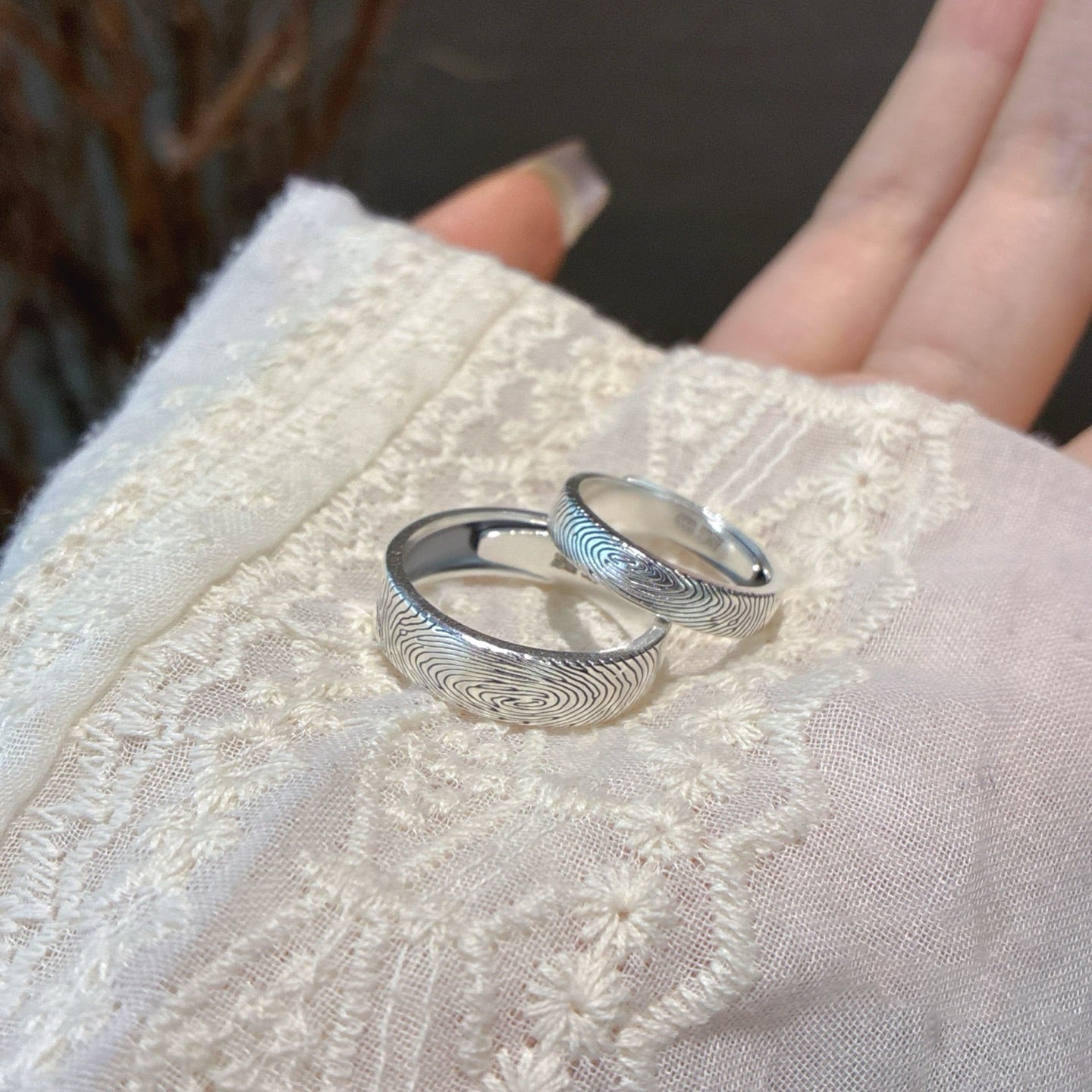 Set Of 2 999 Sterling Silver Engraved Fingerprint Rings, Elegant Sentimental Style, Ideal For Anniversaries & Wedding Gifts