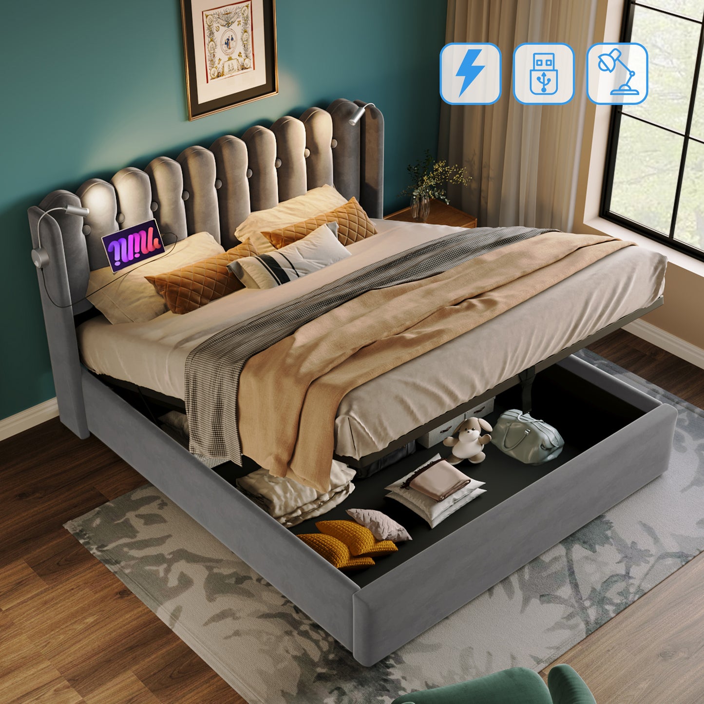 Upholstered Bed Double Bed Reading Light With Charging Function Headboard Storage Bed Frame Velvet Youth Bed 160x200 With Slatted Base, Grey  Without Mattress