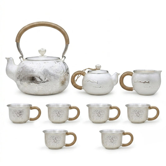 925 Sterling Silver Thai  Tea Set with Woven Handles and Intricate Floral Motifs - Handicraft