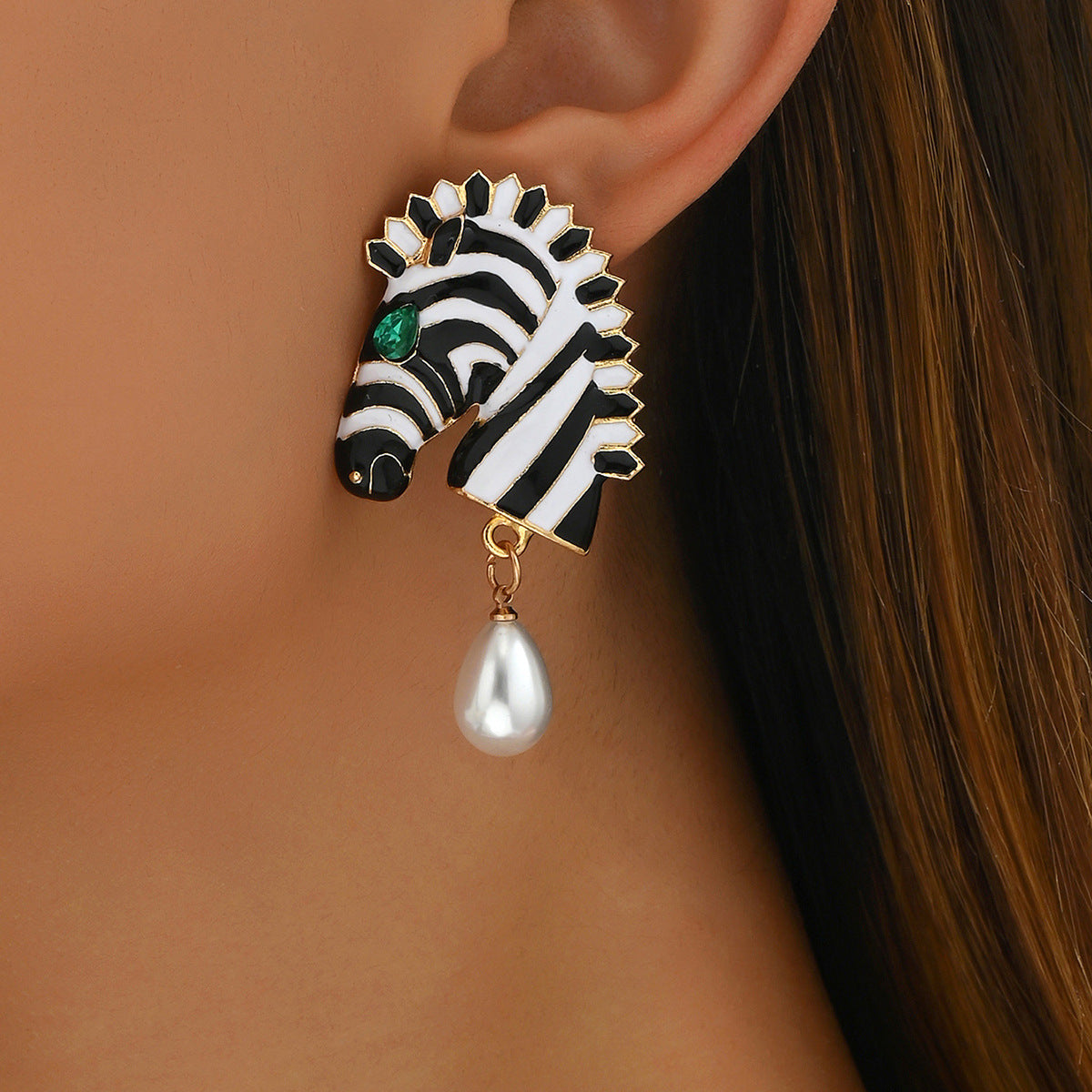Cross-border European American Creative Oil Drip Earrings For Women, Unique Zebra Animal Design Inlaid Rhinestone & Pearl Drop Earrings, Fashion Ear Jewelry