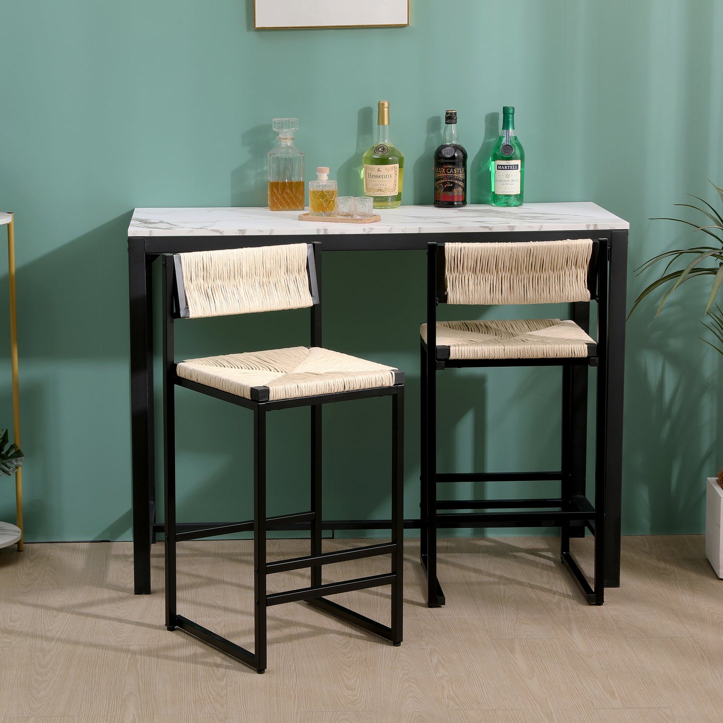 Creamy White Paper Rope Woven Bar Stools Set Of 2 Hand Weave Counter Stool With Footrest For Kitchen Island, Dining Room  Creamy White
