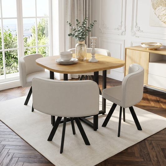 Dining Table And Chairs Set 4, Square Wooden Kitchen Dining Table  85x85   With 4 Chairs For Small Space Home Apartment Living Room, MDF Tabletop, Linen Fabric, Metal Legs,Oak Tabletop  Beige Chair