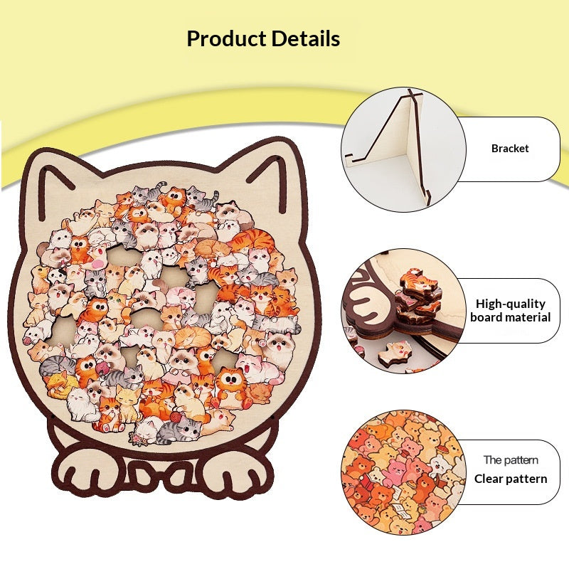 Wooden Puzzle Cute Cat Shape Challenging Irregular Pieces With Frame  3D Cat Design Wooden Jigsaw Puzzles Home Decoration Ornament Birthday Gift For Kids