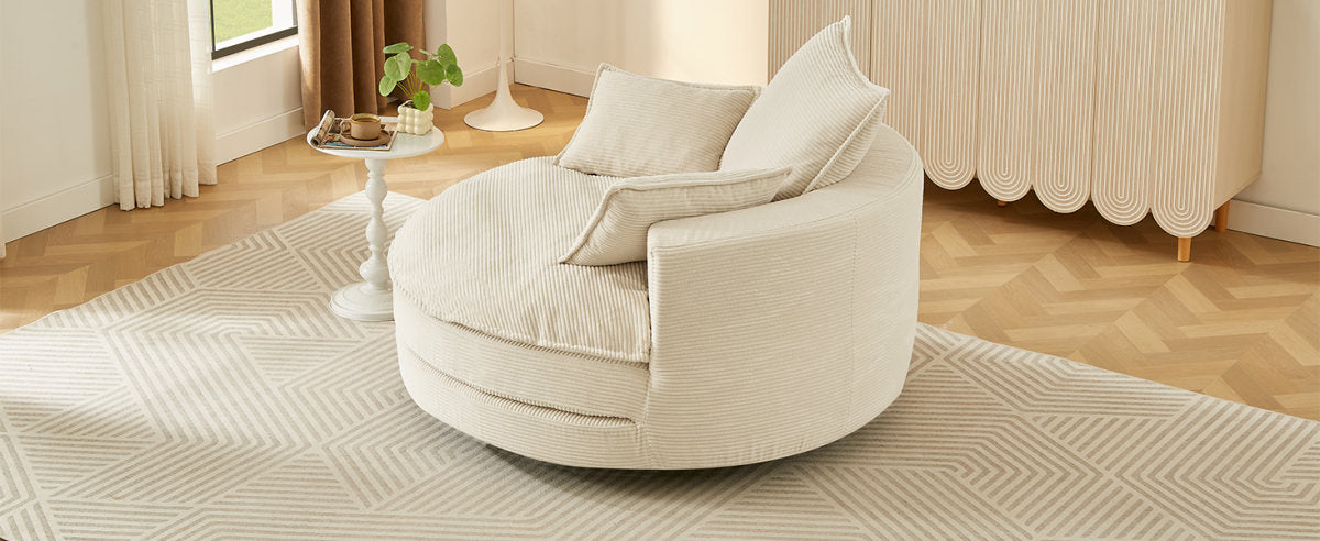 360° Swivel Sofa Chair Accent Barrel Chair 57.5"  Swivel Round Chair with Dual-layer Cushion Design and 3 Removable Pillows for Living Room, Bedroom, Office and Hotel, Beige