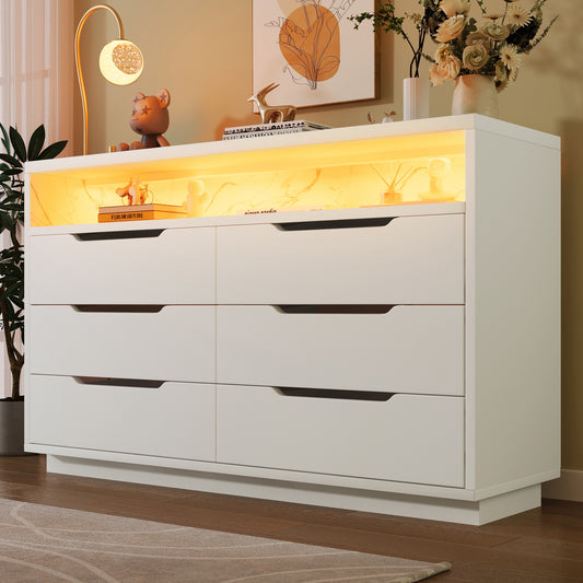 Sideboard, Chest Of Drawers With LED Lighting And 6 Drawers, Storage Compartment With Marble Grain, Modern Wardrobe For Living Room And Bedroom, 120x40x85cm, White