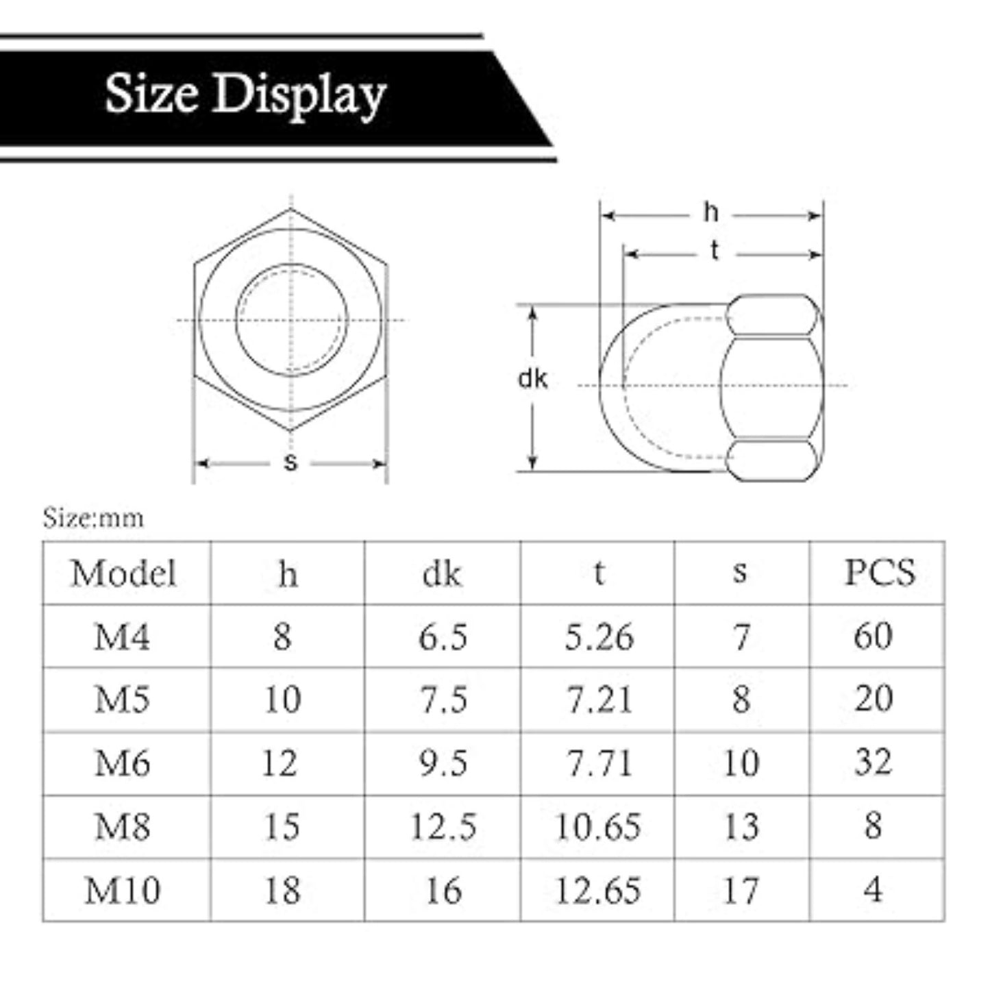 124-Piece Set Of Stainless Steel Cap Nuts (Dome-Head Hex Nuts) With Transparent Storage Box—Accessories For Furniture, Bicycles, Woodworking, And Industrial Machinery—M4, M5, M6, M8, M10