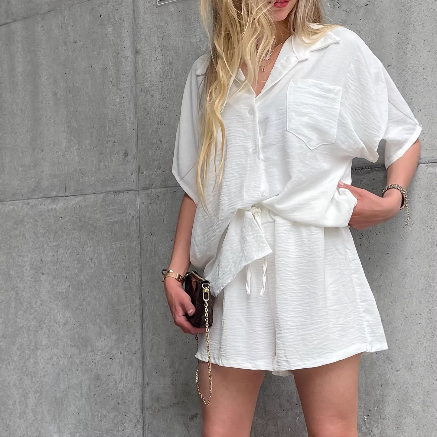 Womens Fashion Casual Short-sleeve Top And Shorts Two-piece Set